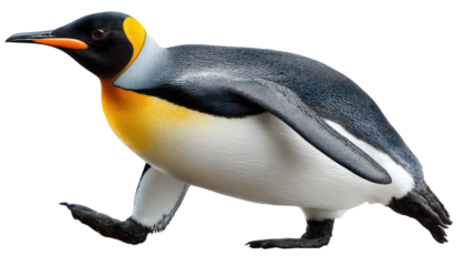 King Penguin's Stroll: The noble King Penguin strides with purposeful elegance against a backdrop of stark elegance.
