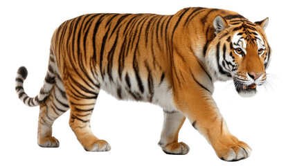 Fototapeta premium Majestic Tiger's Stroll: A magnificent tiger strides confidently across the frame, its vibrant orange and black stripes a symbol of strength and beauty.