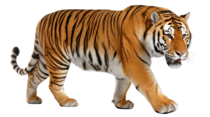 Majestic Tiger's Stroll: A magnificent tiger strides confidently across the frame, its vibrant orange and black stripes a symbol of strength and beauty.