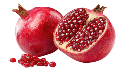 Pomegranate Duo: A ripe pomegranate with half a juicy cross-section is featured prominently, displaying vibrant ruby-red arils, alongside an intact fruit.