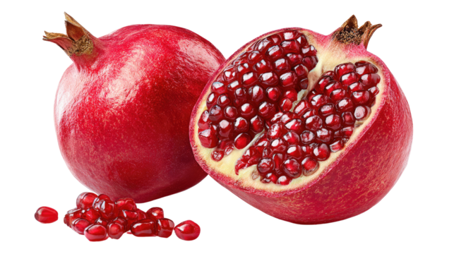 Pomegranate Duo: A ripe pomegranate with half a juicy cross-section is featured prominently, displaying vibrant ruby-red arils, alongside an intact fruit.