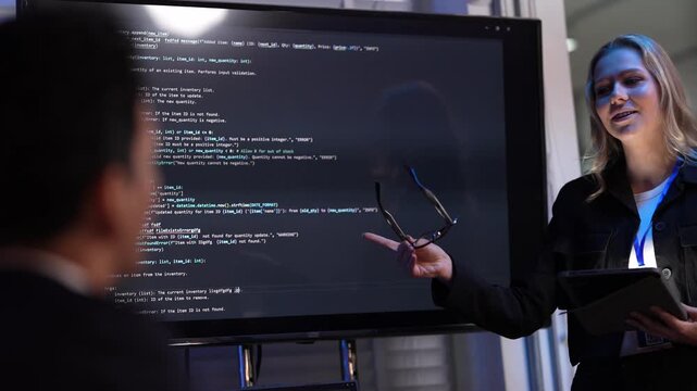 An AI engineer presents a new machine learning algorithm. She is explaining the Python code and the neural network architecture during a tech conference keynote or a project demo.