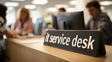 Information technology assistance center displaying IT Service Desk sign, delivering online support.