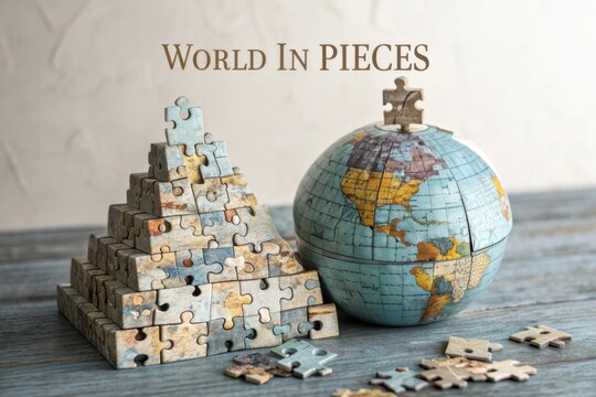Creative Global Puzzle Arrangement With Earth Globe and Colorful Pyramid of Puzzle Pieces on Rustic Wooden Table Surface