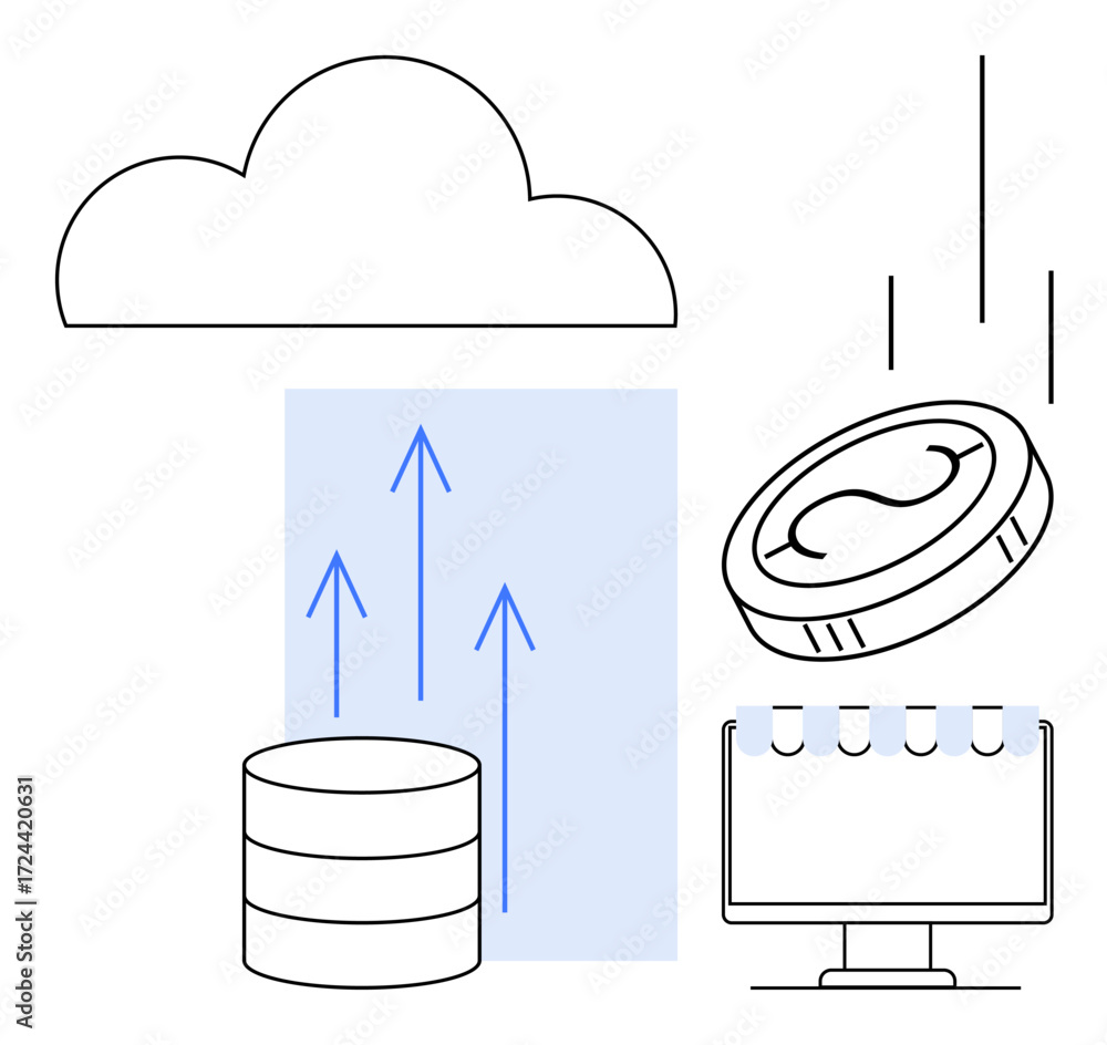 Aufkleber cloud with arrows signaling data upload, database stack, coin symbolizing cryptocurrency, and comput