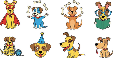 Cartoon dogs in various poses and costumes including superhero birthday and reading on a white background