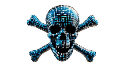 Digital Skull: A creative depiction of a skull composed of binary code, symbolizing the dangers of the digital realm, with a warning for Cybersecurity.