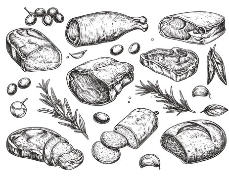 Vintage illustration of various cuts of meat and bread with herbs and spices