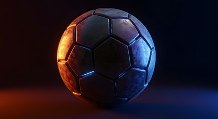 Fototapeta premium Soccer Ball in Dramatic Lighting: A vintage soccer ball, meticulously rendered, bathed in a mesmerizing interplay of dramatic orange and blue light, hinting at the energy of a game.