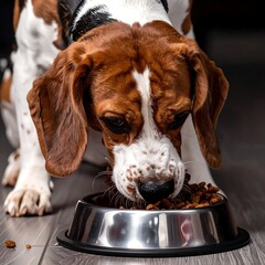 Beagle dog eating from metal bowl