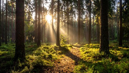 Sunlight streams through a misty forest (5)