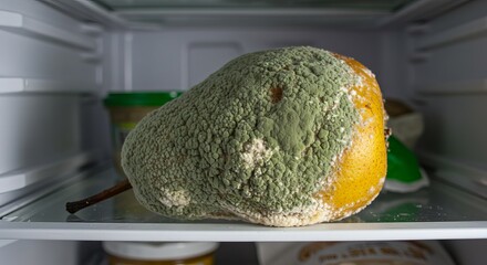 Moldy pear gone bad in fridge shows food spoilage and unhealthy waste