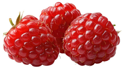 Raspberry Trio: A vibrant macro shot highlights three fresh, succulent raspberries, showcasing their juicy texture and rich, enticing red color against a simple backdrop.