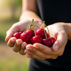 Freshly picked cherries held in cupped hands, glistening with morning dew, radiate vibrant red tones against a soft, out-of-focus green garden backdrop.