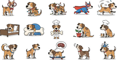Collection of cartoon dogs in various poses and activities on a white background illustration style