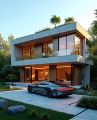 "Luxury Modern Mansion with Futuristic Sports Car at Sunset &ndash; Contemporary Lifestyle Concept"