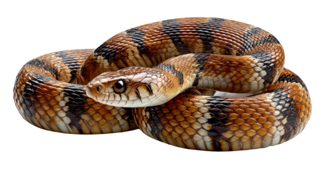 Serpent's Gaze: A detailed macro shot of a sleek snake, its scales a mosaic of earth tones and a captivating, penetrating gaze.