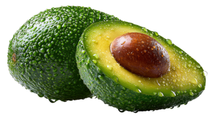 Avocado: A close-up shot of a fresh, ripe avocado, both whole and sliced, showcasing its vibrant green flesh and inviting seed. Droplets of water add a refreshing touch.
