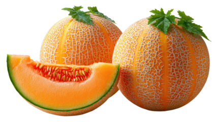 Sweet Cantaloupe: A vibrant display of cantaloupe, showcasing the juicy interior of a freshly cut slice alongside two whole fruits, a summery scene emphasizing the deliciousness of nature's bounty.