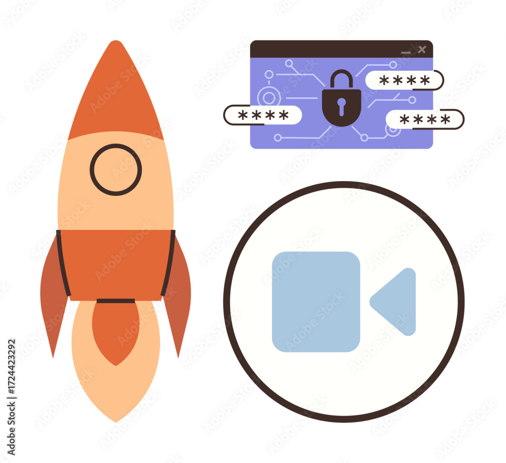 Poster rocket symbolizing launch or growth next to a secure password login and video playback icon. ideal f