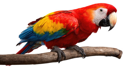 Obraz premium Scarlet Macaw on Perch: A striking scarlet macaw, showcasing its vibrant plumage, perched elegantly on a branch, presenting a portrait of tropical beauty.
