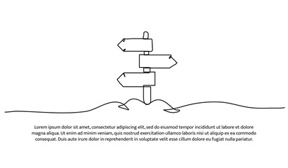 One line of road direction sign arrows. Abstract minimal continuous line.