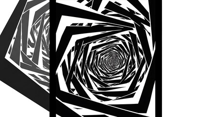 A dynamic, black and white design with a spiraling, abstract pattern creating an illusion of depth.