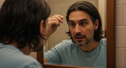 Man discovers gray hair looking in bathroom mirror with a shocked expression