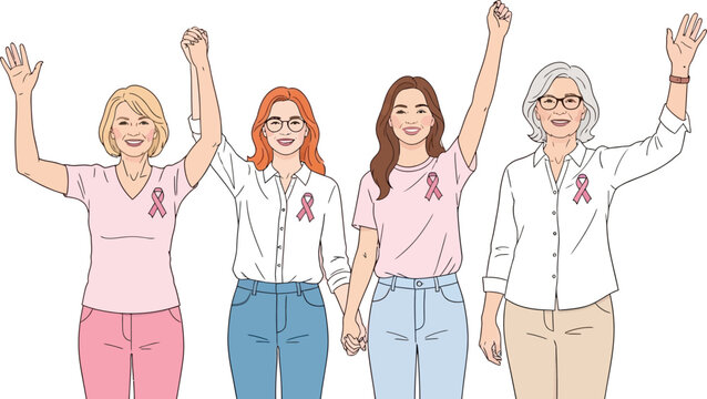 Empowered women standing together for breast cancer awareness, raising fists in solidarity and hope, showing unity and strength during cancer support month