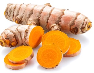 Turmeric root, sliced, isolated