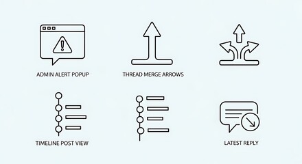 Simple line icons depicting various digital interface elements, including an admin alert popup, thread merge arrows, timeline post view, and latest reply.