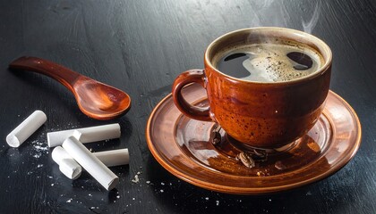 Dark coffee in a brown ceramic mug, alongside wooden spoon and chalk pieces on a dark wooden table. Steam rising from the hot beverage