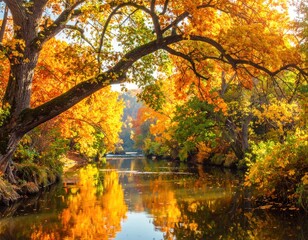 A serene river winds through a forest ablaze with vibrant autumn foliage; reflections dance on the water's surface under a sunny sky