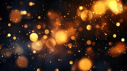 A captivating display of golden bokeh lights floating in the darkness, creating a dreamy and ethereal atmosphere with blurred circles and shimmering particles