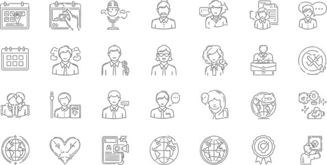 Line art icons showcasing communication, business, relationships, and global themes for modern designs, emphasizing connection and information sharing