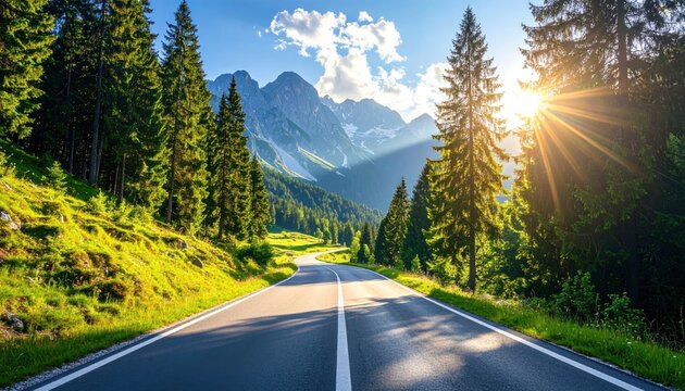 Serpentine road winding through lush green forest leads to towering mountains under a bright, sunlit sky on a clear day, creating a scenic journey