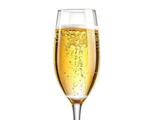 Champagne glass filled with bubbly, golden liquid
