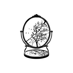 Broken mirror reflection of tree branches black and white vector art illustration design for prints and decor