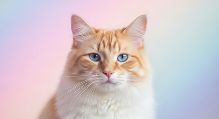 Obraz premium Close-up portrait of a beautiful ginger and white cat with striking blue eyes, against a pastel colored background.