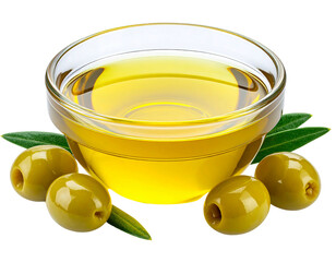 Glass bowl of golden oil, olives and leaves