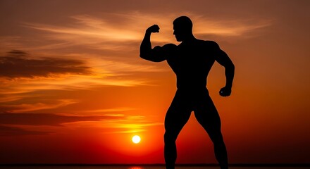 A powerful silhouette of a muscular man, showcasing strength and determination against a vibrant sunset backdrop.
