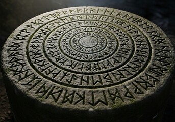 Fototapeta premium Ancient rune stone with circular inscriptions evoking historical mysticism and forgotten knowledge