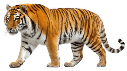 Obraz premium Majestic Tiger Stroll: A solitary tiger strides with regal confidence. The image captures the raw beauty and power of a magnificent creature in its natural state.
