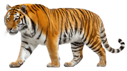 Majestic Tiger Stroll: A solitary tiger strides with regal confidence. The image captures the raw beauty and power of a magnificent creature in its natural state.