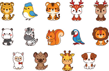 Cute Baby Animal Collection: Adorable Kawaii-style Cartoon Characters of a Leopard, Tiger, Zebra, Panda, and Other Wildlife Creatures