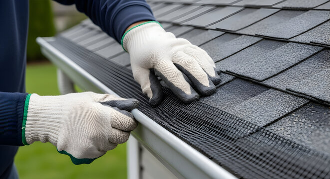 Gutter Worker Installing Mesh Gutter Guard on a Residential Roof for Home Maintenance and Protection