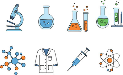 Chemical lab research science vector icons for medical illustration. Experiment, biology, chemistry, laboratory equipment elements set on white background.
