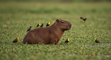 Capybara with birds in grassy field