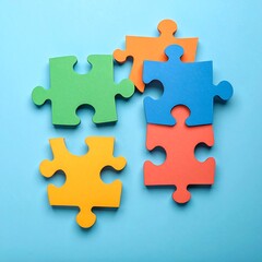 Colorful puzzle pieces on a light blue background