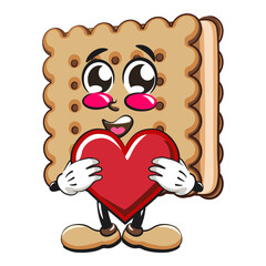 cute square biscuit sandwich mascot character vector illustration holding a big heart, work of hand drawn